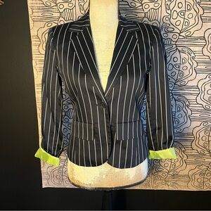 Russell Kemp navy pinstripe jacket with lime green lining